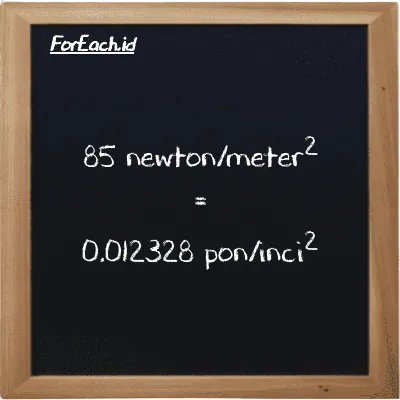 Cara konversi newton/meter<sup>2</sup> ke pon/inci<sup>2</sup> (N/m<sup>2</sup> ke psi): 85 newton/meter<sup>2</sup> (N/m<sup>2</sup>) setara dengan 85 dikalikan dengan 0.00014504 pon/inci<sup>2</sup> (psi)